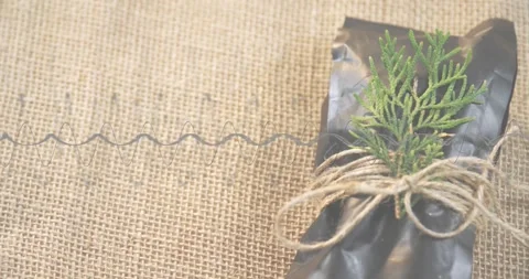 Thin coil spring appearing at left edge extending sideways across burlap Stock Footage 318936168