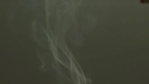Thin Column of Pale Smoke Rises and Curls Against Dark Neutral Background Stock Footage 329455838