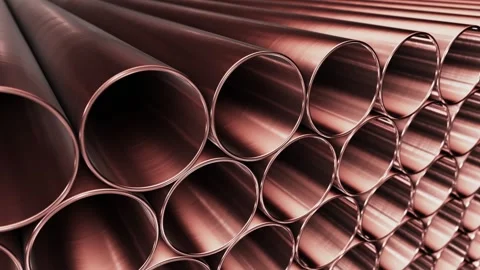 Thin copper pipes or tubes stacked at warehouse in UHD Stock Footage 266984640