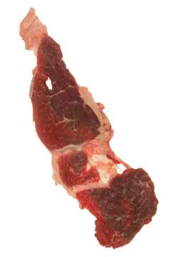 Thin cut slice of raw Beef meat with some fat and holes on white background L Stock Photos