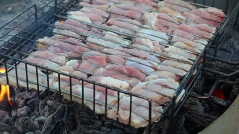 Thin cuts of pork are slowly cooked over hot coals in a metal wire rack. FullHD Vídeo Stock 141314673