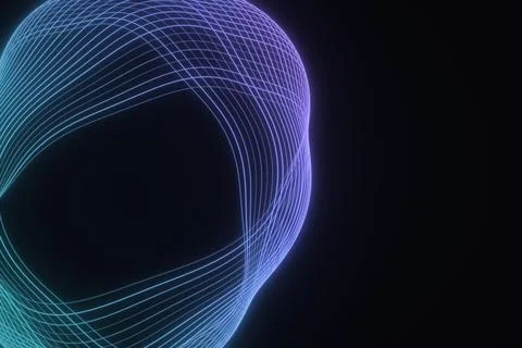 Thin cyan and violet wireframe lines form a broad curved loop on the left, .. Stock Illustration