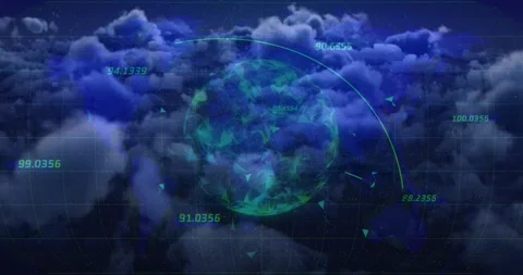 Thin cyan arc tracing above teal globe, rotating while cyan numbers updating for Stock Footage 331045770