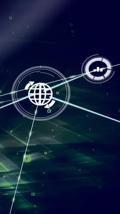 Thin diagonal beam sweeping navy planes network cluster expanding with globe HUD Stock Footage 330720707