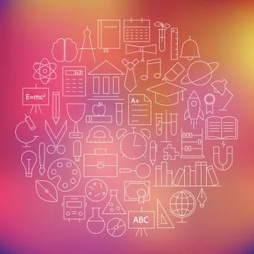 Thin Education and School Line Knowledge Icons Set Circle Shaped Stock Illustration