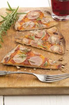 Thin flat bread pizza with potato Stock Photos