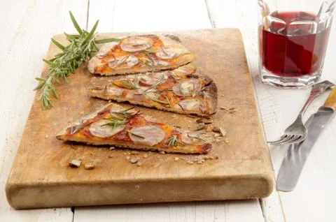 Thin flat bread pizza with potato Stock Photos