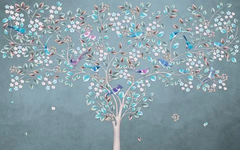 Thin flowering tree with blue and green leaves against a dark spotty background Stock Illustration