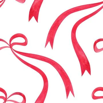 Thin flying bows made of satin ribbons. Girly seamless watercolor pattern for a Stock Illustration