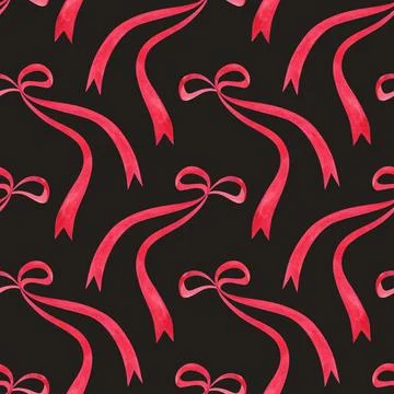 Thin flying bows made of satin ribbons. Girly seamless watercolor pattern for a イラスト素材