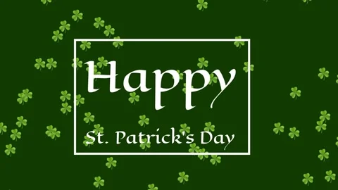 Thin frame shifting down, box showing Happy St Patrick's Day, clovers drifting Stock Footage 329908669