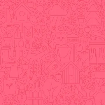 Thin Gardening Tools Line Seamless Pink Pattern Stock Illustration
