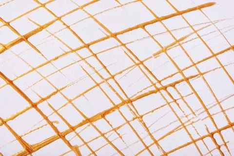 Thin golden lines and splashes drawn on white background. Abstract art backdr Stockillustratie