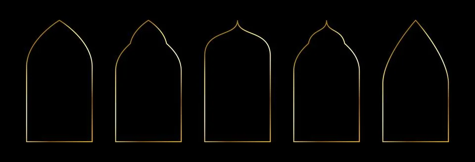 Thin golden pointed arch set. Gold arc border frame collection in oriental style Stock Illustration