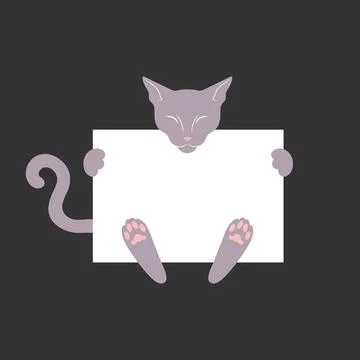Thin gray cat is holding a blank paper banner with empty space for text Stock Illustration