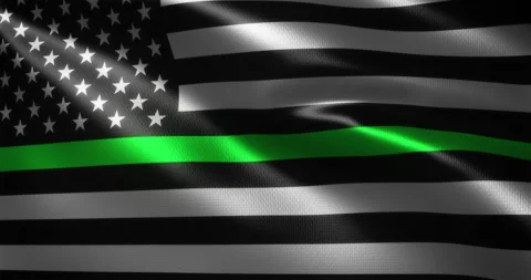 Thin Green Line Flag, United States of America flag with waving folds, close up Stock Footage 159959363