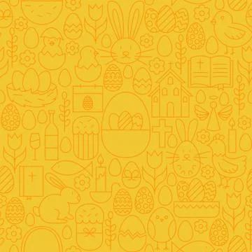 Thin Happy Easter Line Seamless Yellow Pattern Stock Illustration