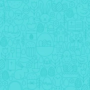 Thin Happy Easter Line Seamless Blue Pattern Stock Illustration