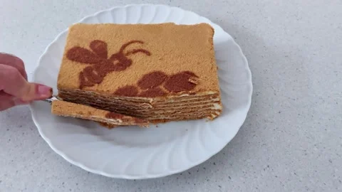 Thin Honey Cake Layers Exposed in Satisfying Knife Slice Video stock 320284904