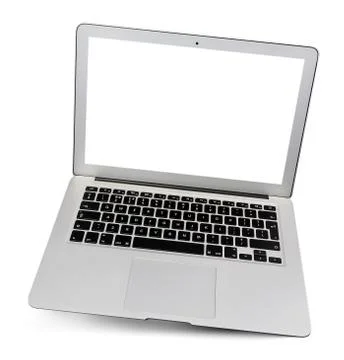 Thin hovering aluminium laptop, front view, isolated on a white Stock Photos