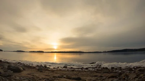 Thin ice layer moving at freezing shore during sunset. Time lapse shot. Stock Footage 127615105