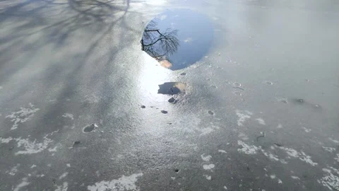 Thin ice on the pond and blue sky reflected on the water surface Stock Footage 321622772
