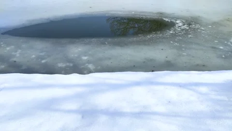 Thin ice on the pond and the blue sky reflected on the water surface Stock Footage 323575113