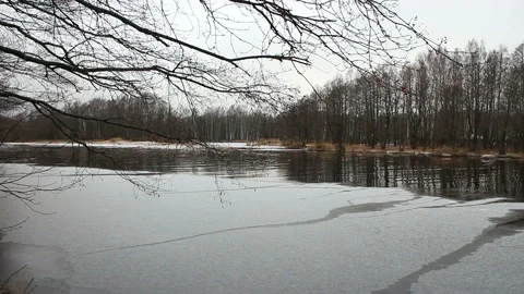 Thin ice river winter landscape Stock Footage 165898915