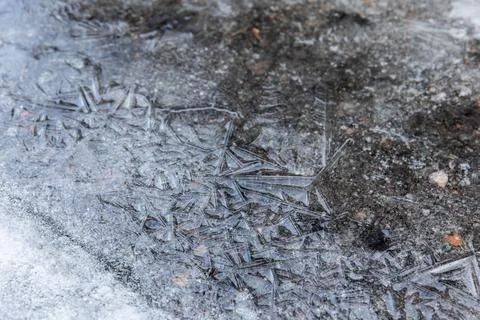 Thin ice surface on frozen puddle, background photo texture Stock Photos