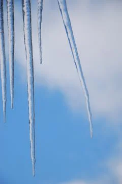 Thin icicles in front of blue sky Stock Photos