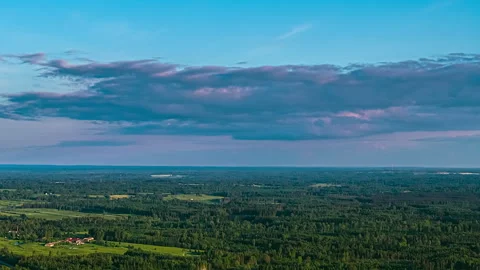 Thin layer of clouds above forest flat rural landscape countryside, time lapse Video stock 316724439