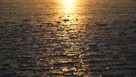 A thin layer of ice on the water sways on the waves of the lake at sunset. Stock Footage 256066032