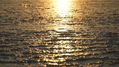 A thin layer of ice on the water sways on the waves of the lake at sunset. Stock Footage 256066206