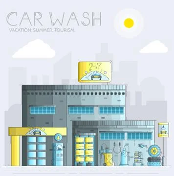 Thin line 24 7 working car wash with different equipment tool concept. Flat Stock Illustration