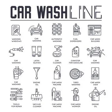 Thin line 24 7 working car wash with different equipment tool concept. Flat Stock Illustration