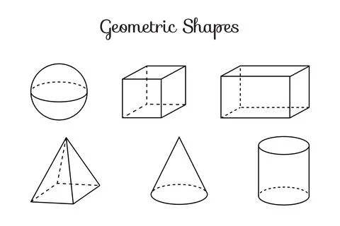 Thin Line 3D Geometric Shapes of Sphere, Cube, Cuboid, Pyramid, Cone and Cy.. Stock Illustration