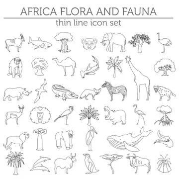 Thin line Africa flora and fauna elements. Animals, birds and sea life isol.. Illustrazione stock