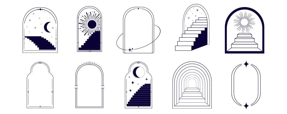 Thin line arch frame door stairs, sun and stars collection, mystic portal Illustrazione stock