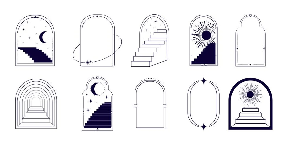 Thin line arch frame door stairs, sun and stars collection, mystic portal Illustrazione stock
