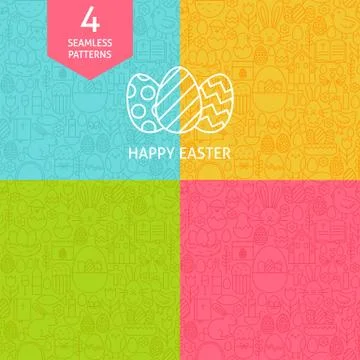 Thin Line Art Happy Easter Pattern Set Stock Illustration