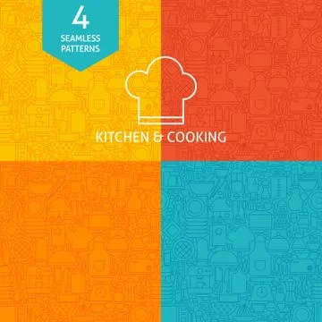 Thin Line Art Kitchen Utensils and Cooking Pattern Set Stock Illustration