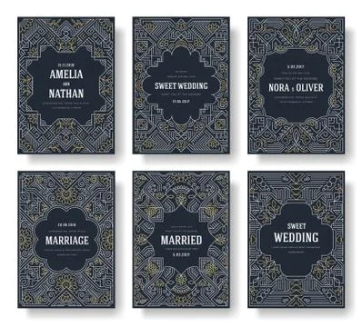 Thin line art set. Outline template of flyear, magazines, posters, book cover Stock Illustration