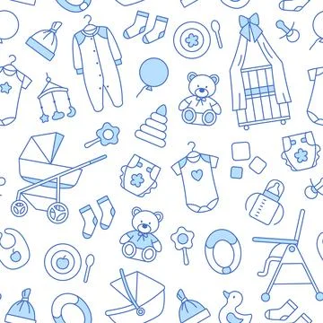 Thin line baby seamless pattern Outline background Stock Illustration