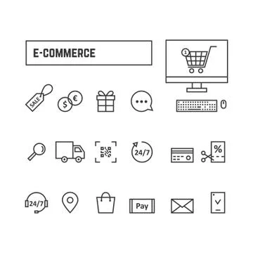 Thin line black set icons online shopping Stock Illustration