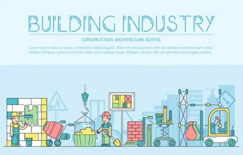 Thin line builders doing labor job and working with heavy vehicles concept Stock Illustration