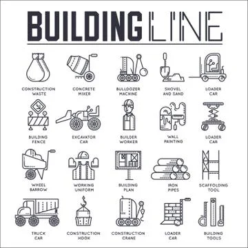 Thin line builders doing labor job and working with heavy vehicles concept Stock Illustration