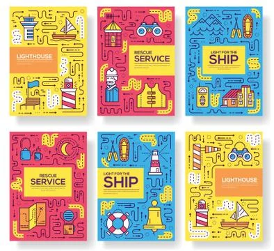 Thin line building of lighthouse  brochure card set.  Working glowing at night Ilustración de archivo