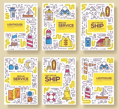 Thin line building of lighthouse  brochure card set.  Working glowing at night Stock Illustration