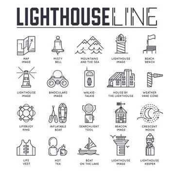 Thin line building of lighthouse glowing at night at the ocean concept.  Fla Stock Illustration