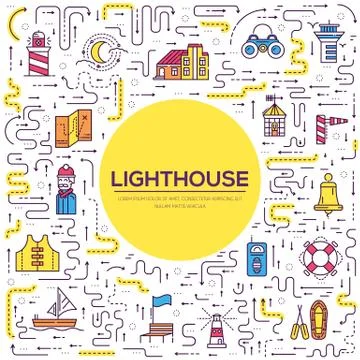 Thin line building of lighthouse glowing at night at the ocean concept.  Fla Stock Illustration